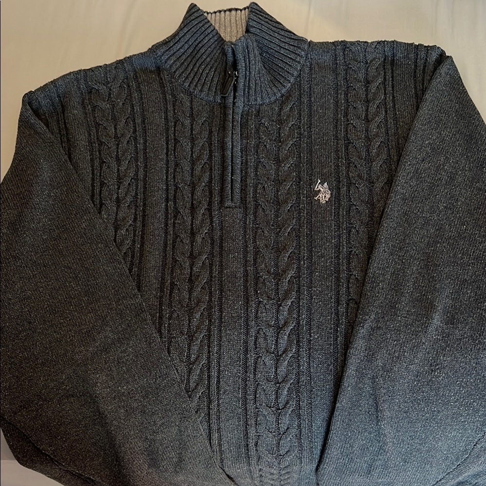Men's Gray Cable Knit (front) Polo 1/4 zip Sweater